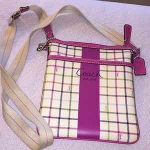 Authentic Coach pink plaid cross body purse
